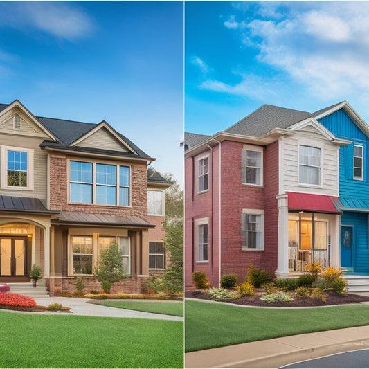 An illustration of a suburban street with identical houses, each with a unique exterior wall renovation: one with brick facade, another with vinyl siding, and a third with stucco, showcasing varying materials and costs.