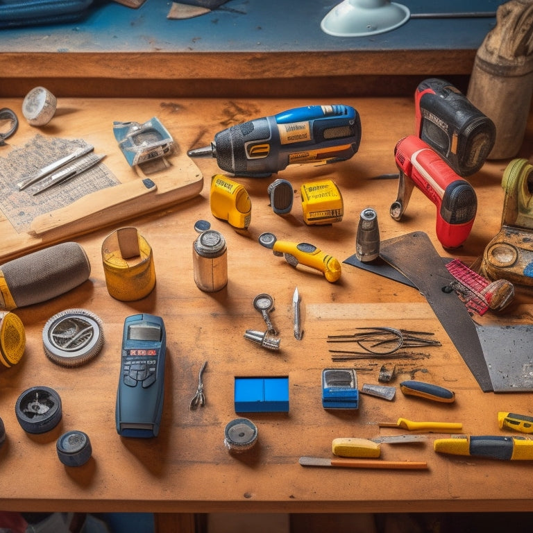 A cluttered workshop table with a variety of DIY tools, including a cordless drill, level, and tape measure, surrounded by scattered renovation plans, calculators, and a single, shiny new tool lying on top.