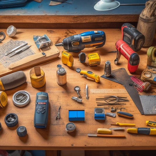 A cluttered workshop table with a variety of DIY tools, including a cordless drill, level, and tape measure, surrounded by scattered renovation plans, calculators, and a single, shiny new tool lying on top.