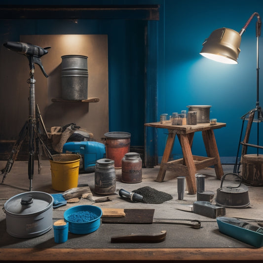 An organized workshop background with a variety of mixing tools, including a cordless drill, mixing paddle, and putty knife, arranged around a large bucket filled with mixed compound.