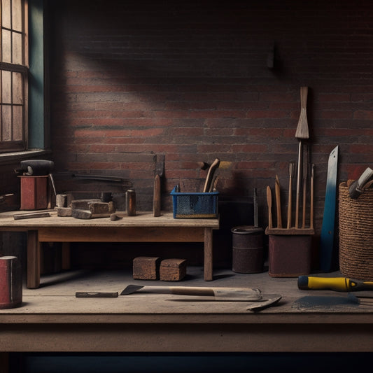 A tidy workshop backdrop with various block pointing tools from different brands, such as tuck pointers, joint rakes, and chisels, arranged on a wooden workbench amidst renovation materials like bricks and mortar.