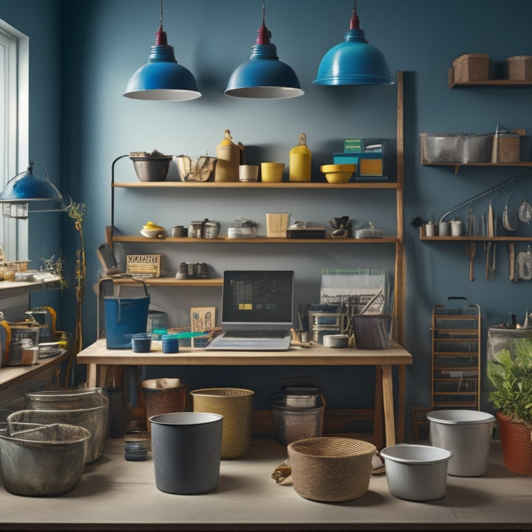 An organized workspace with a variety of mixing buckets in different sizes and materials, surrounded by renovation tools and supplies, against a clean and modern background.