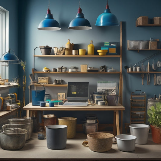 An organized workspace with a variety of mixing buckets in different sizes and materials, surrounded by renovation tools and supplies, against a clean and modern background.