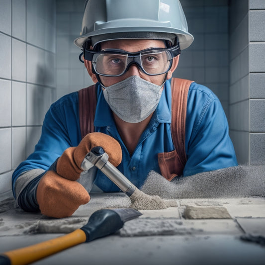 An image depicting a person wearing safety goggles, gloves, and a dust mask, holding a grouting tool with a blurred background of a tile floor and scattered grout particles.