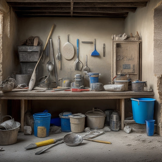 A cluttered but organized exterior plastering workstation with various tools and materials, including trowels, hawks, buckets, ladders, and a mixing station, set against a worn, peeling plaster wall backdrop.