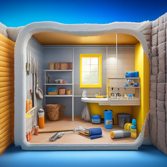 An illustration of a partially renovated room with a wall section cut away, revealing a waterproof membrane, drainage system, and insulation, surrounded by construction tools and materials.