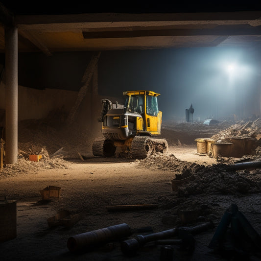 A cluttered, dimly lit construction site with a partially demolished wall, scattered debris, and various demolition tools (jackhammer, sledgehammer, pry bar) in the foreground, with a blurred background of a residential home.