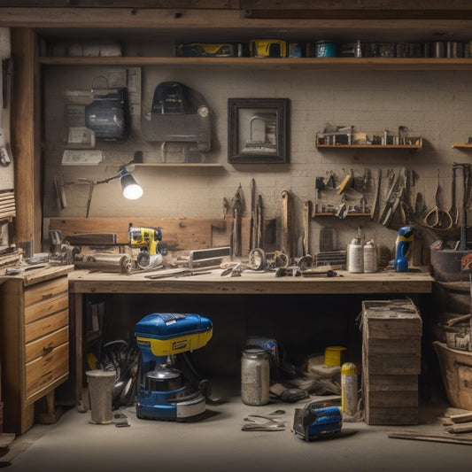 A cluttered, yet organized, DIY workspace with a variety of high-end power tools, a partially demo'd wall, and a few scattered renovation materials like drywall and lumber.