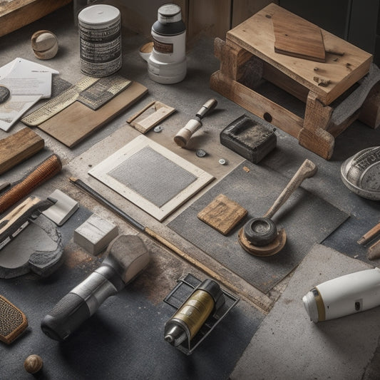 A cluttered workspace with various renovation tools scattered around, including a tile cutter, level, and drill, alongside a sealed floor with different tile patterns and materials, such as wood, ceramic, and marble.
