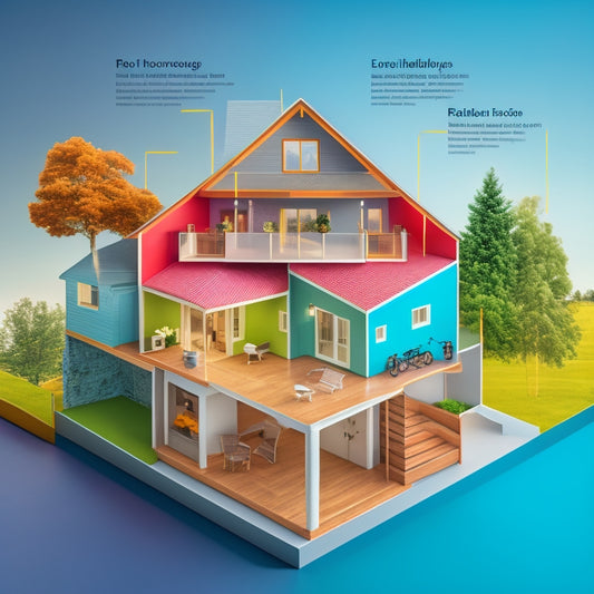 An illustration of a house with various sections highlighted in different colors, each representing a stage of renovation, with arrows and lines connecting them to convey progression and timeline.