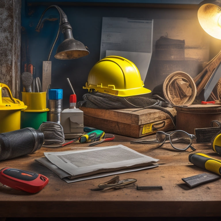 A cluttered DIY renovation workspace with scattered tools, wires, and construction materials, featuring a prominently placed hard hat, safety goggles, and a caution sign in the background.