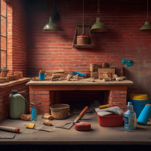 A cluttered workbench with a brick wall backdrop, featuring a trowel, level, joint ruler, hammer, safety goggles, and a bucket of mortar, surrounded by scattered bricks and dust.