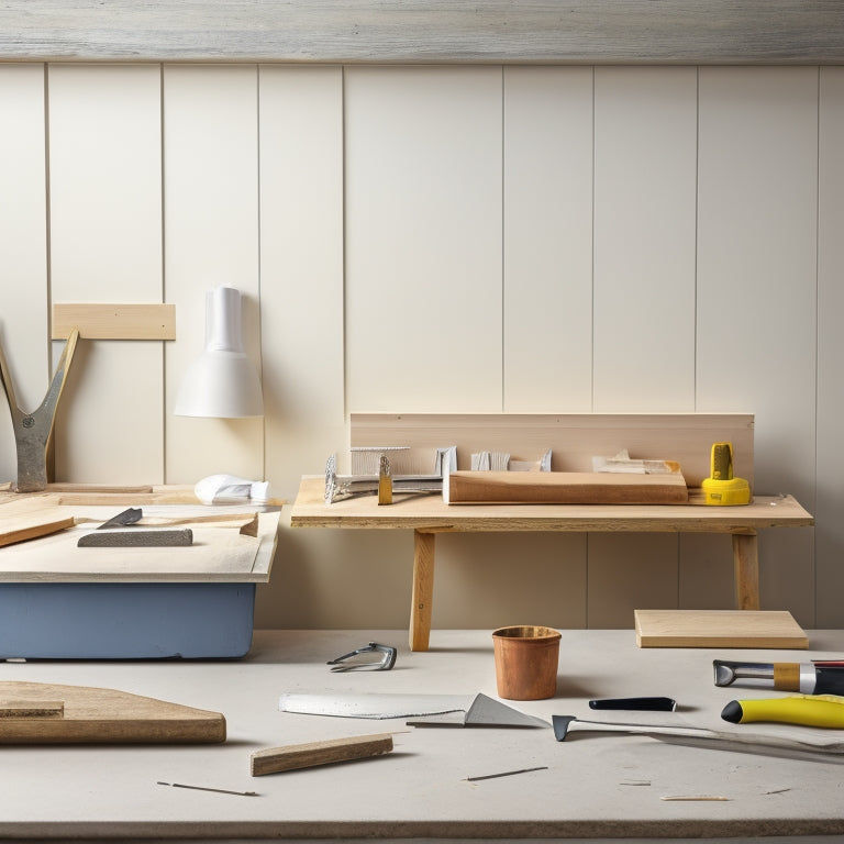 A tidy workbench with a selection of plasterboard tools: a putty knife, joint knife, taping knife, sanding block, and utility knife, arranged around a half-finished plasterboard joint with smooth, feathered edges.