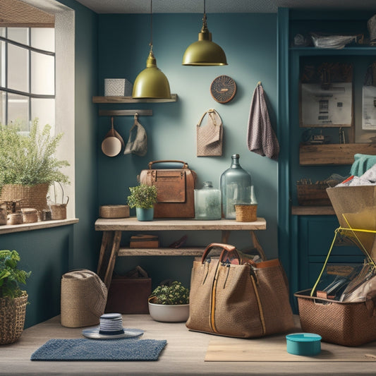 A stylized illustration of a renovated home's interior, featuring a mix of new and repurposed materials, with a toolbox and shopping bags in the foreground, surrounded by renovation supplies.