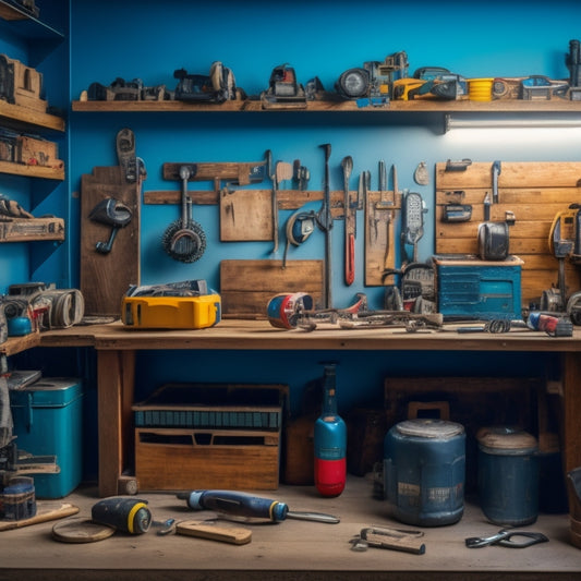 A cluttered workshop background with various DIY tools scattered around, including a cordless drill, level, tape measure, and wrench, with a partially built wooden shelving unit and a few scattered renovation plans.