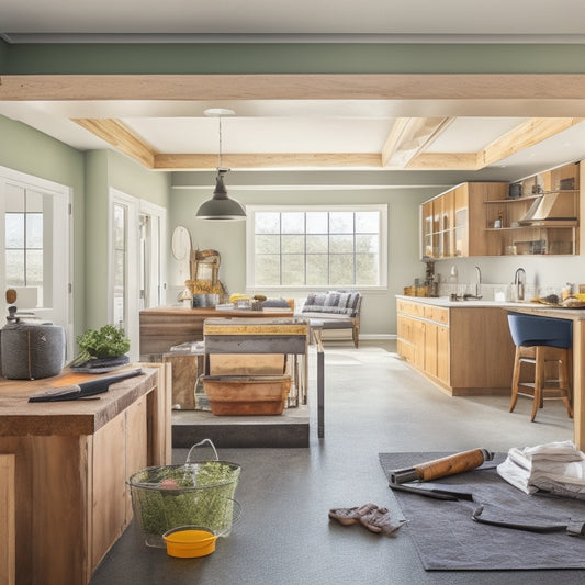 A cluttered construction zone transforms into a sleek, modern space: dust-covered tools, scattered blueprints, and torn wallpaper give way to polished hardwood floors, gleaming fixtures, and a gleaming, spotless kitchen.