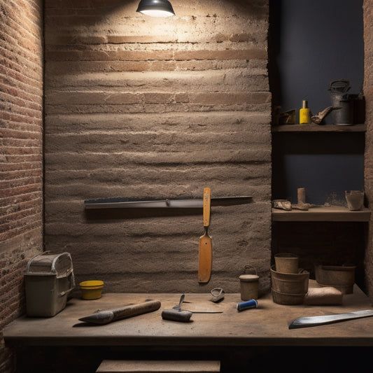 A well-lit, organized workshop backdrop with a variety of DIY tools, including a putty knife, trowel, scraper, and joint knife, arranged around a partially plastered wall with exposed brick and lath.