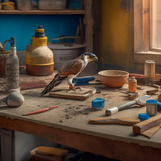 A cluttered workbench with a hawk, trowel, and joint knife laid out in a deliberate pattern, surrounded by scattered plaster dust, with a subtle gradient of a construction site in the background.