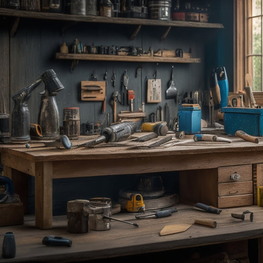 A cluttered workbench with various finishing tools, including a cordless drill, impact driver, putty knife, level, and sandpaper, surrounded by wooden planks, screws, and half-finished decorative trim pieces.