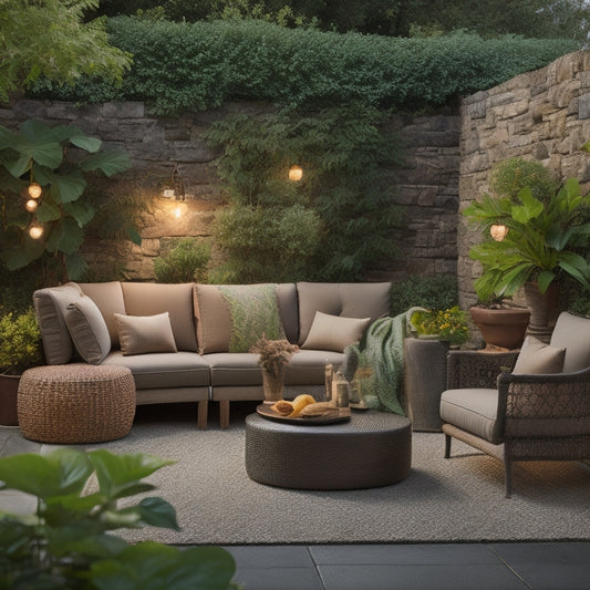 A serene, well-lit outdoor space with a decorative block wall as the focal point, featuring a mix of earthy tones and textures, surrounded by lush greenery and a few strategically placed outdoor furniture pieces.