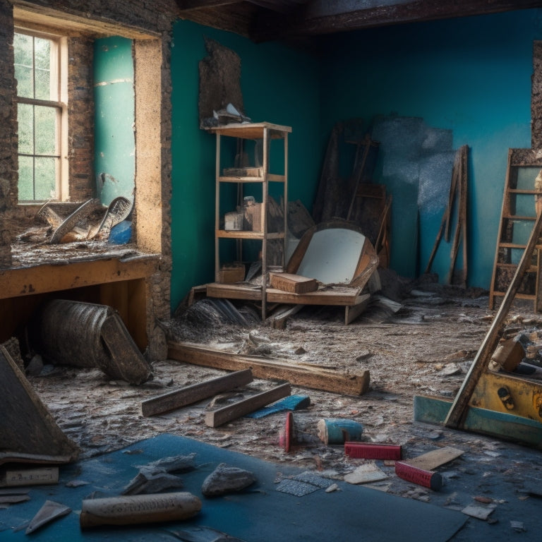 An image of a cluttered, worn-out room with a sledgehammer, demolition saw, and pry bar lying on the floor, surrounded by broken tiles, shattered drywall, and exposed wooden beams.