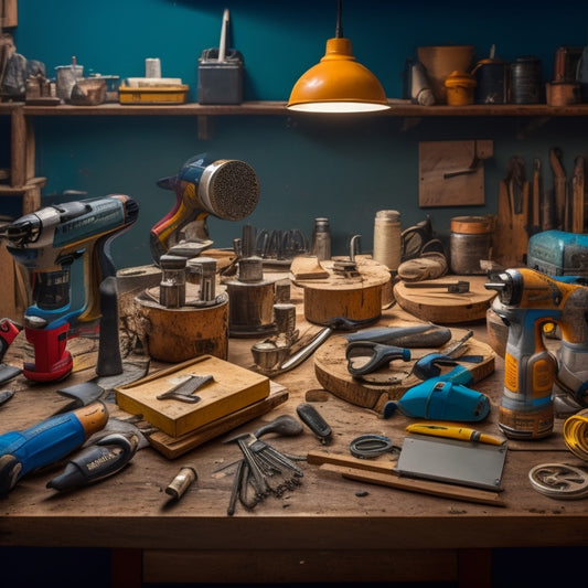 A cluttered workshop table with a variety of DIY tools scattered across it, including a cordless drill, impact driver, circular saw, tape measure, level, and a mixing bucket with a putty knife.