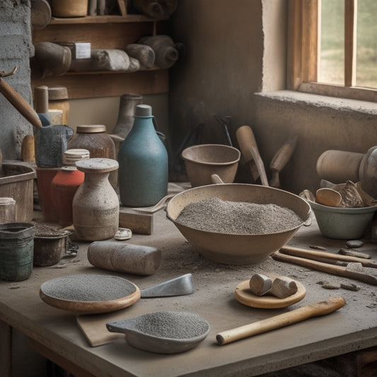 A cluttered but organized workshop with various cement mixing tools scattered on a wooden workbench, including a sturdy mixing bucket, a spiral mixing bit, and a handheld trowel.