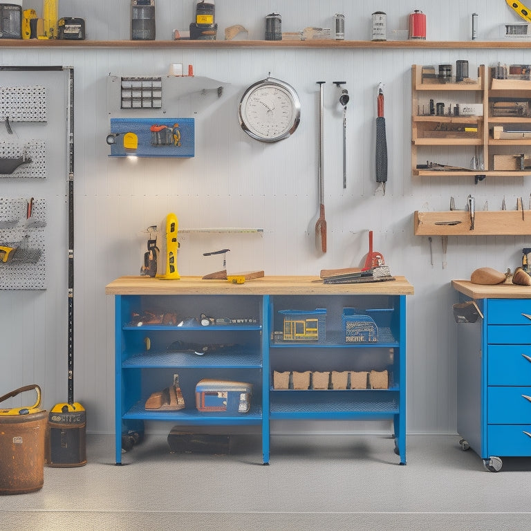 A clutter-free garage with a pegboard on the left, a rolling tool cabinet in the center, and a wall-mounted folding workbench on the right, surrounded by neatly organized power tools and accessories.