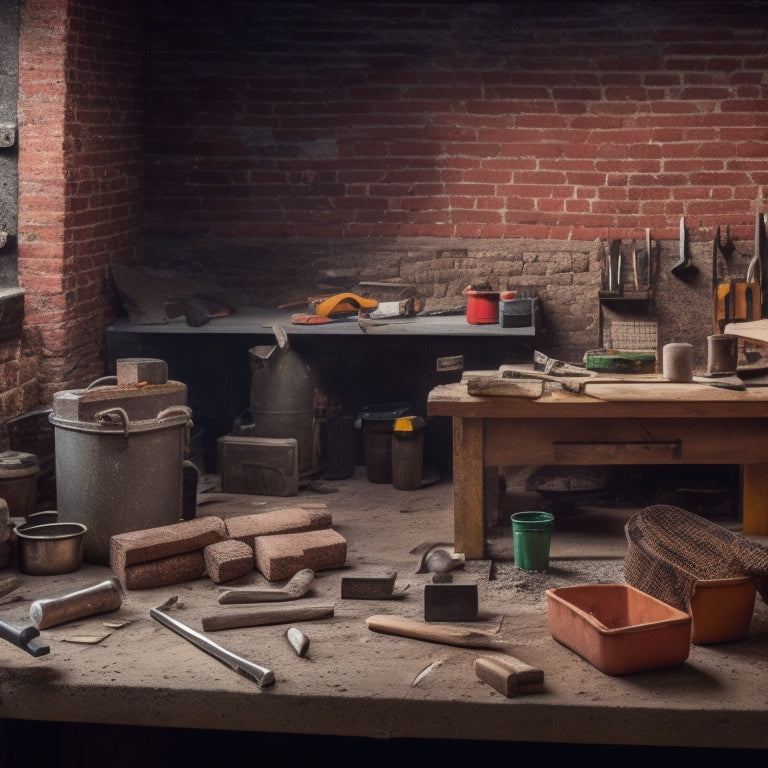 A messy workbench with various block laying tools scattered around, including a spirit level, trowel, jointer, and hammer, surrounded by half-laid bricks and mortar-stained buckets.