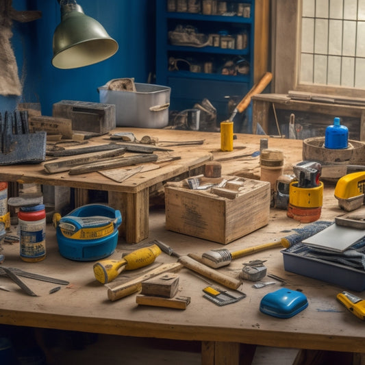 A cluttered workshop table with various block tools, such as trowels, levels, and hammers, from different brands like DeWalt, Bosch, and Makita, surrounded by scattered blueprints and DIY renovation materials.