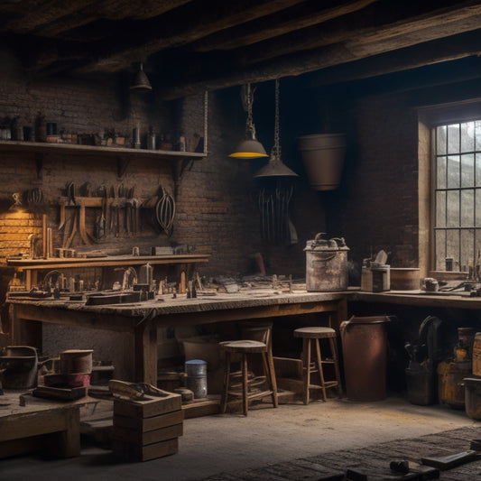 A cluttered, well-lit workshop with a wooden workbench in the center, surrounded by various masonry tools like trowels, levels, and mixers, with a partially constructed brick wall in the background.