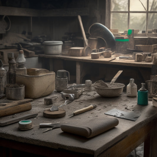 A cluttered workbench with various tools and materials, including a putty knife, joint compound, sandpaper, and a trowel, surrounded by fragments of old plaster and scattered dust particles.