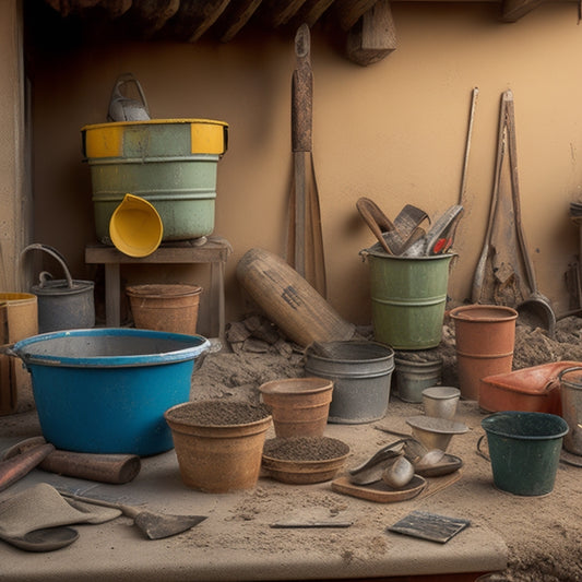 A cluttered exterior renovation site with a mix of old and new tools scattered around, including a hawk, trowel, level, and mixing bucket, surrounded by buckets of plaster, sand, and water.
