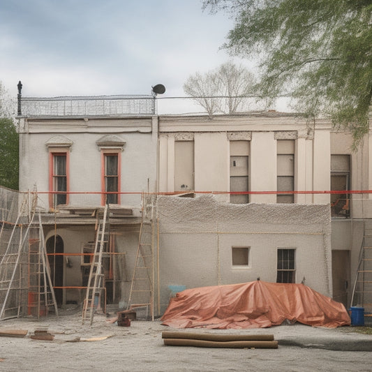 An image depicting a mid-renovation stucco exterior with scaffolding, tarps, and construction materials scattered around the perimeter, alongside a partially removed old stucco wall revealing insulation and framing.