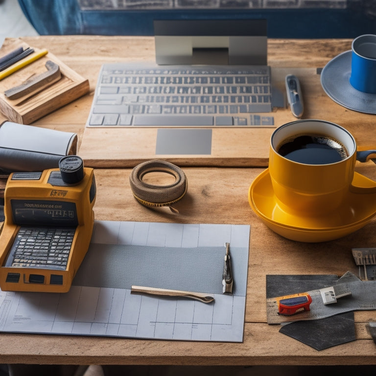An organized workspace with a laptop, blueprints, and a coffee cup on a wooden table, surrounded by renovation tools, such as a level, hammer, and tape measure, with a blurred background of a construction site.