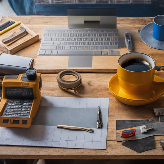 An organized workspace with a laptop, blueprints, and a coffee cup on a wooden table, surrounded by renovation tools, such as a level, hammer, and tape measure, with a blurred background of a construction site.