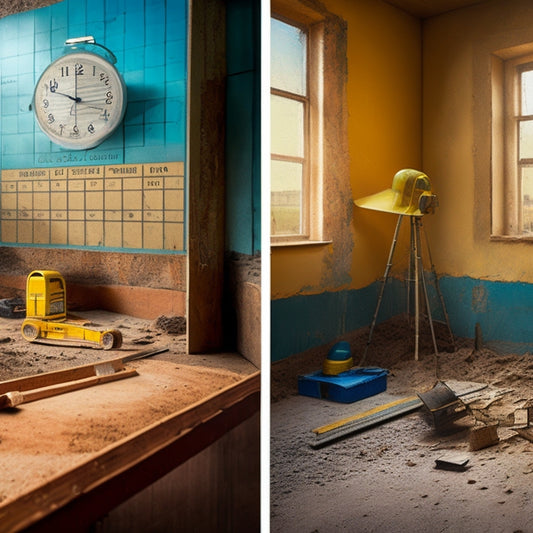 A split-screen image: a messy construction site on one side, with a calendar and clock in the foreground, and a beautifully plastered room on the other, with a hammer and level in the corner.