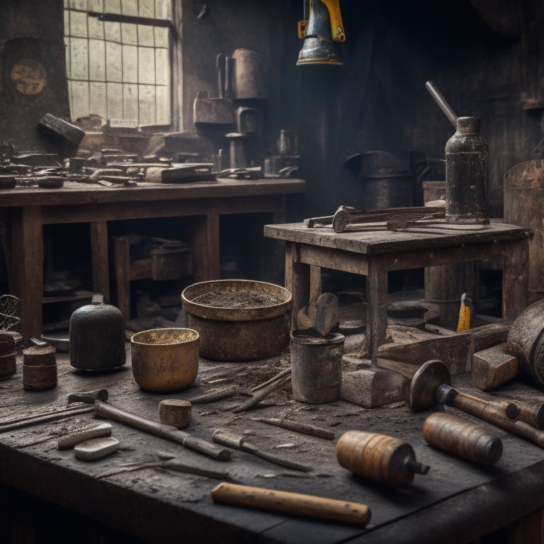 A messy workshop background with scattered renovation tools, a prominent hammer leaning against a worn wooden workbench, and various tamping tools of different sizes and materials arranged in a circular pattern.