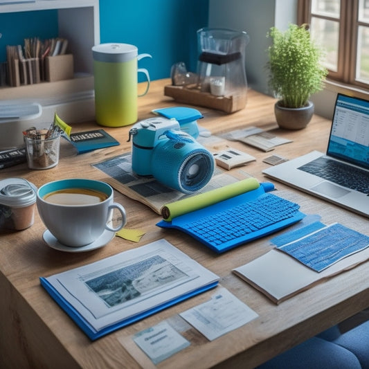 An organized workspace with a laptop, rolled-up blueprints, and a cup of coffee, surrounded by colorful sticky notes, renovation swatches, and a miniature 3D model of a house.