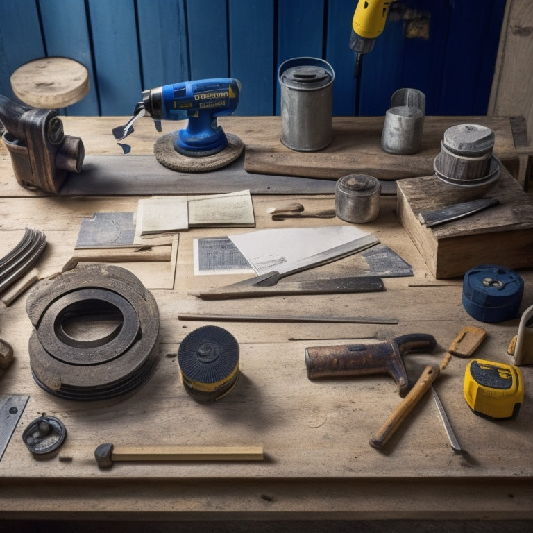 A cluttered workshop table with a variety of DIY renovation tools, including a tape measure, level, hammer, drill, and circular saw, surrounded by scattered blueprints and wooden planks.