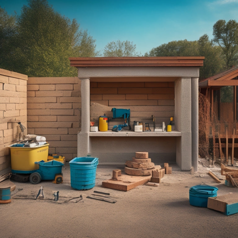 A photo of a renovated cement block home's exterior, with a drill, trowel, and level on a nearby workbench, surrounded by blocks, mortar, and a partially demolished wall in the background.