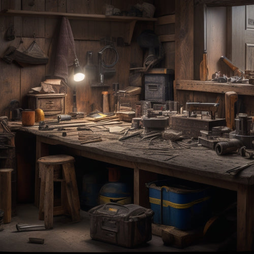 A cluttered workbench with a variety of tools, including a cordless drill, level, tape measure, and wrench, surrounded by scattered renovation materials like drywall, pipes, and lumber.