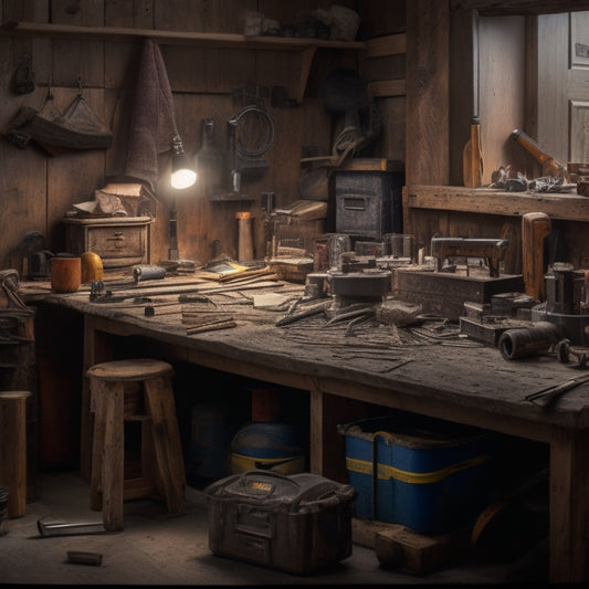 A cluttered workbench with a variety of tools, including a cordless drill, level, tape measure, and wrench, surrounded by scattered renovation materials like drywall, pipes, and lumber.
