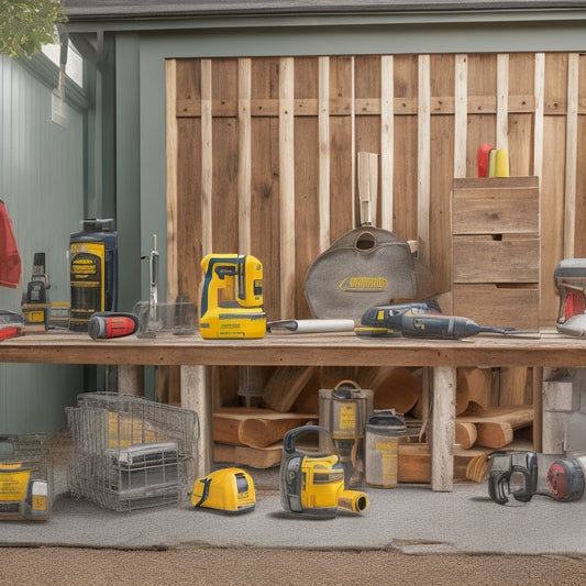 A cluttered yet organized outdoor workspace with various tools and materials, including a cordless drill, tape measure, level, and lumber, amidst a backdrop of a partially renovated exterior with scaffolding.