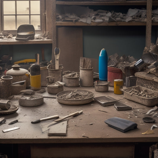 A cluttered workbench with various plastering tools, including a trowel, hawk, float, and joint knife, arranged amidst scattered drywall scraps, dust, and a worn measuring tape.