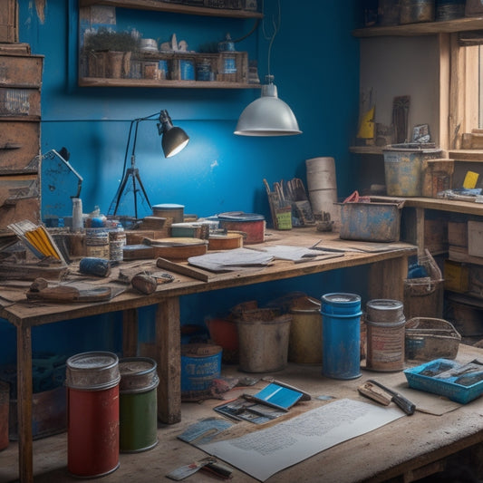 A messy, cluttered workspace with scattered tools, open paint cans, and torn drywall, contrasted with a tidy, organized area featuring a checklist on a clipboard, a level, and sealed joints.
