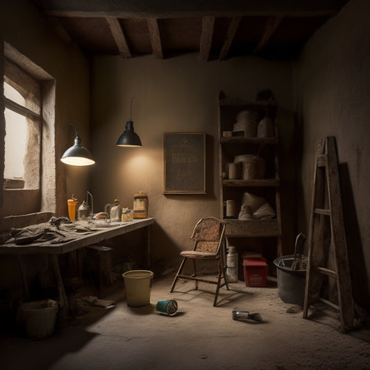 A dimly lit, old-fashioned room with a cracked and yellowed plaster ceiling; a ladder, safety goggles, and three prominent tools (dustless vacuum, scraper, and joint compound bucket) arranged in the foreground.