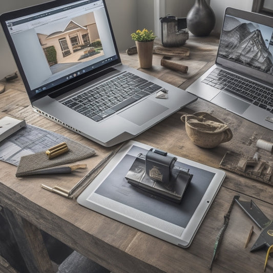 Illustrate a desk with a laptop open to a home renovation website, surrounded by tools and construction plans, with a tablet displaying a renovation app and a checklist with checkboxes nearby.