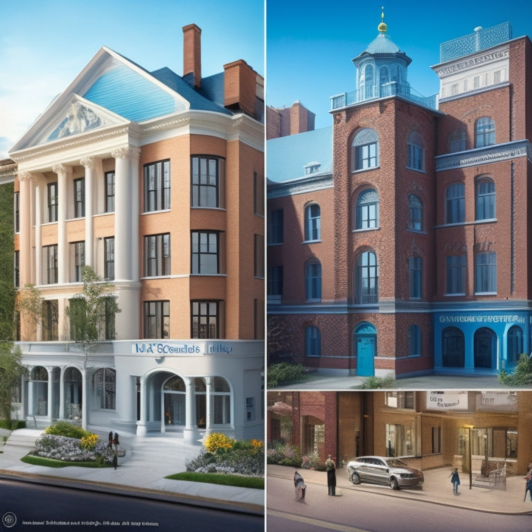 A split-screen illustration featuring a three-story building with each floor representing a renovation phase: foundation and planning, construction, and final touches, with corresponding budget and timeline gauges.