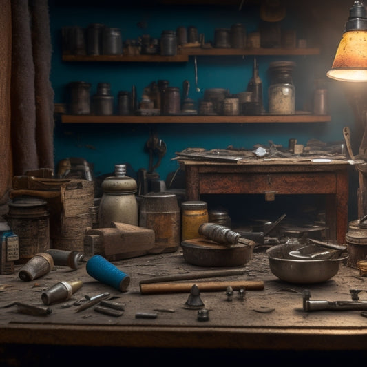 A cluttered workshop background with a mix of old and new tools, a hammer with a cracked handle in the center, surrounded by scattered nails, screws, and other small materials.